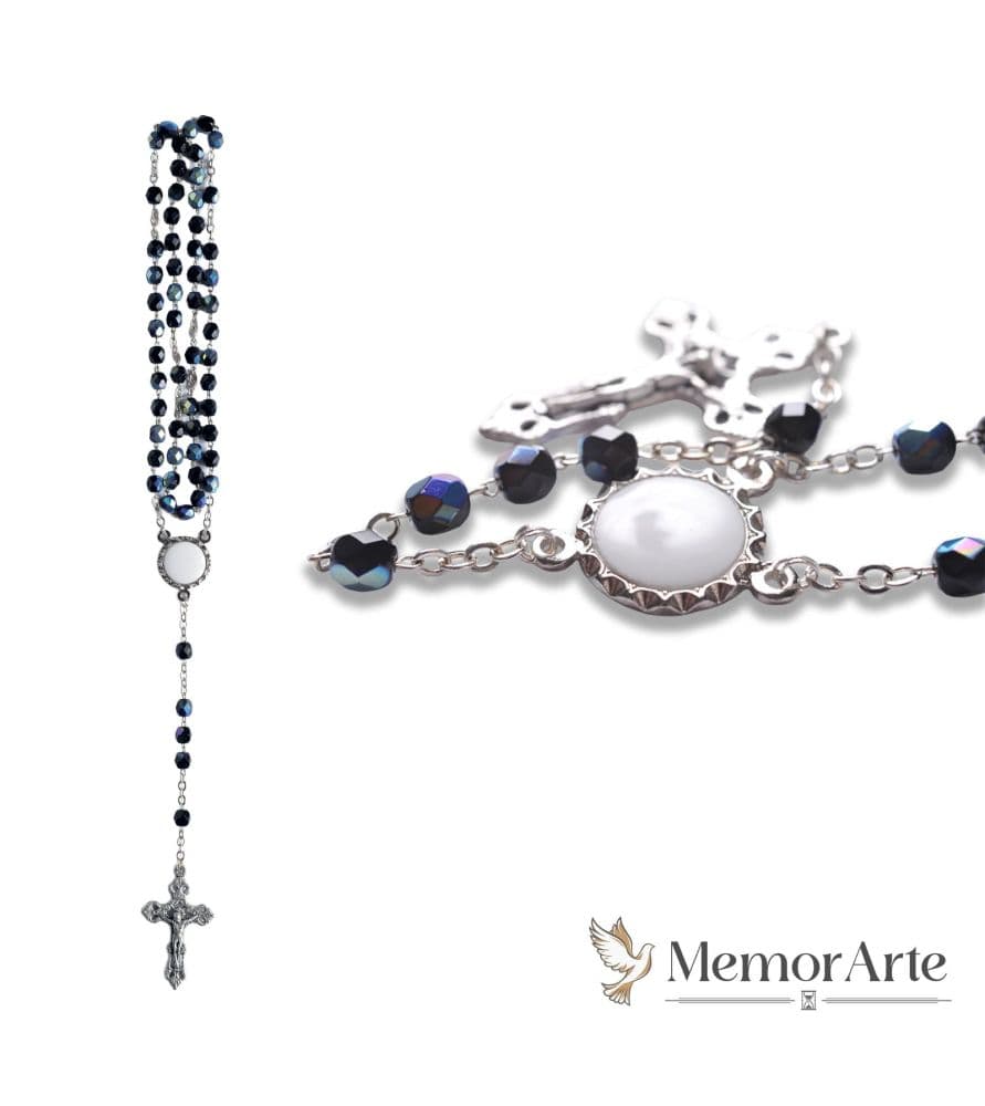 Rosario in Cristallo nero con Placca Centrale in Ceramica Personalizzata