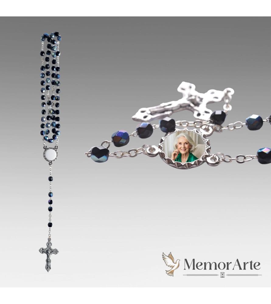 Rosario in Cristallo nero con Placca Centrale in Ceramica Personalizzata