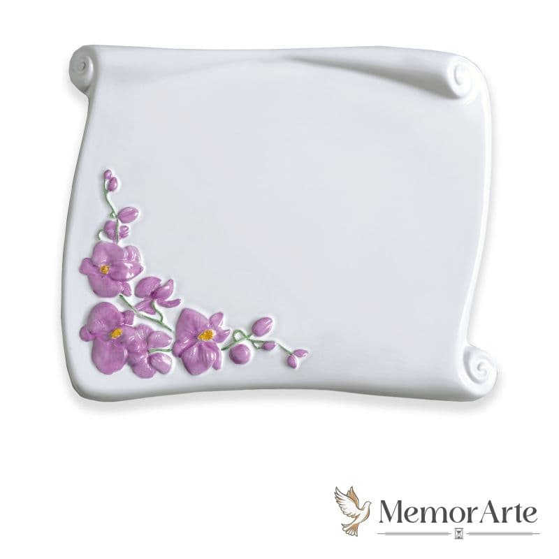 Pergamena per Lapide in Ceramica Personalizzabile "Monaco" con Orchidea